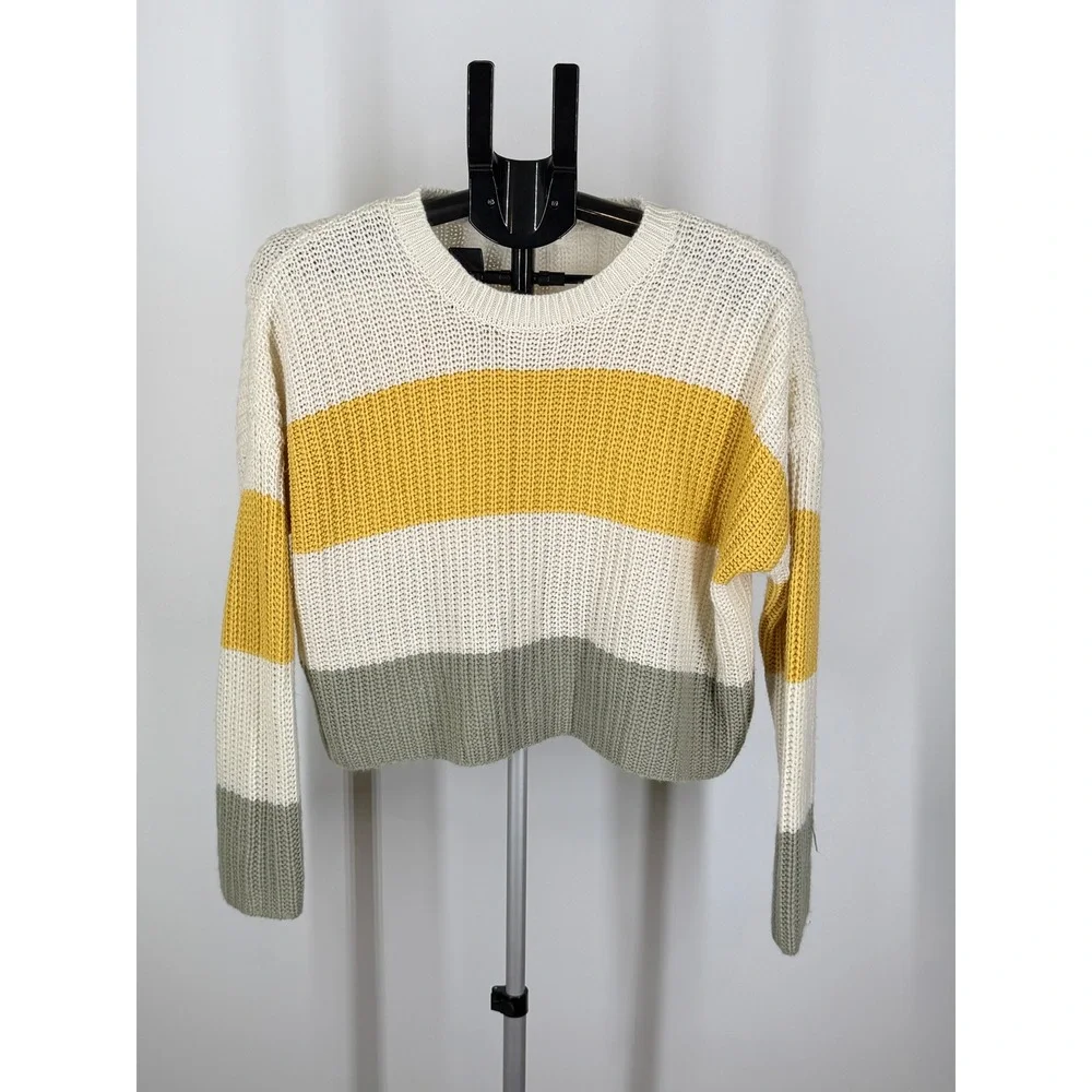Moon & Madison Colorblock Cropped Sweater Cream Yellow Green Chunky Knit S